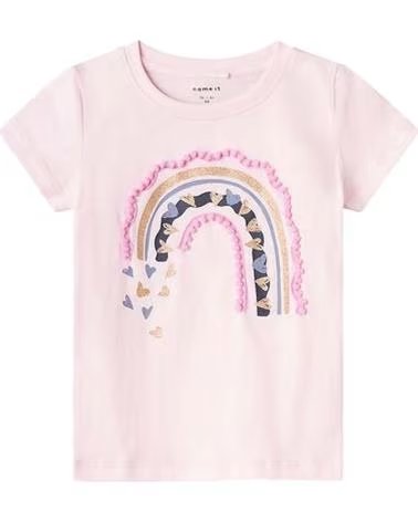 NAME IT CAMISETA INFANTIL UNISSEX DE MANGA CURTA COM ESTAMPA DE ARCO-ÍRIS ROSA