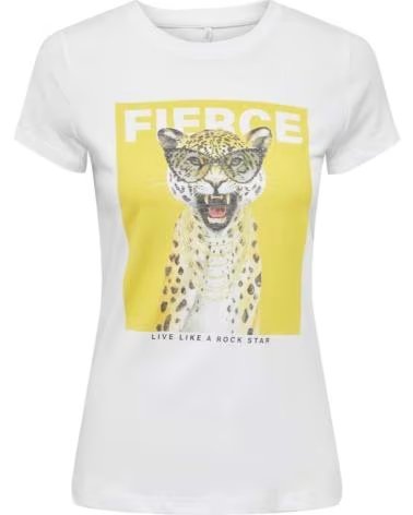 ONLY CAMISETA DE MANGA CORTA CON ESTAMPADO DE GUEPARDO "FIERCE" PARA MUJER BLANCO