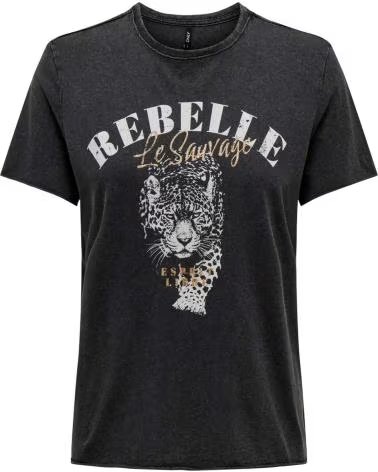 ONLY CAMISETA DE MANGA CORTA CON ESTAMPADO DE LEOPARDO Y TEXTO PARA MUJER NEGRO