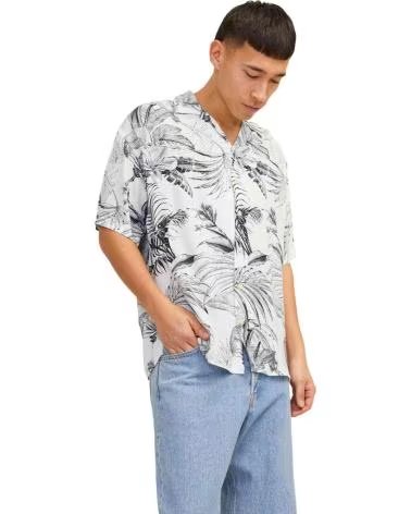 JACK AND JONES CAMISA MASCULINA JACK & JONES DE MANGA CURTA COM ESTAMPA TROPICAL BLANCO