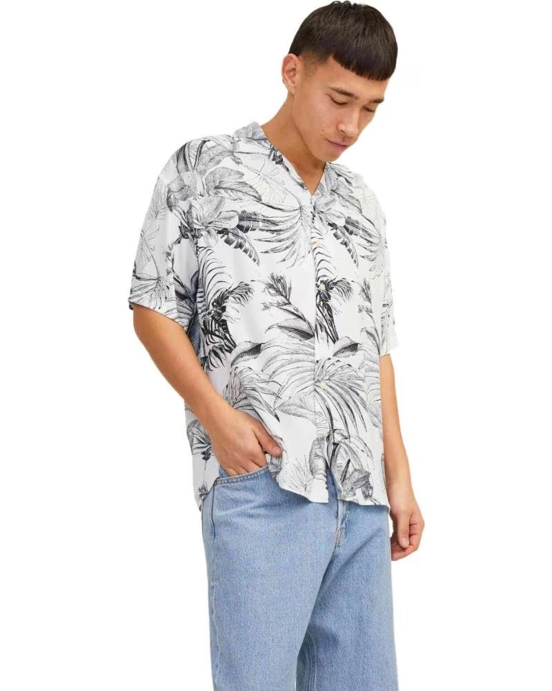 JACK AND JONES CAMISA MASCULINA JACK & JONES DE MANGA CURTA COM ESTAMPA TROPICAL BLANCO