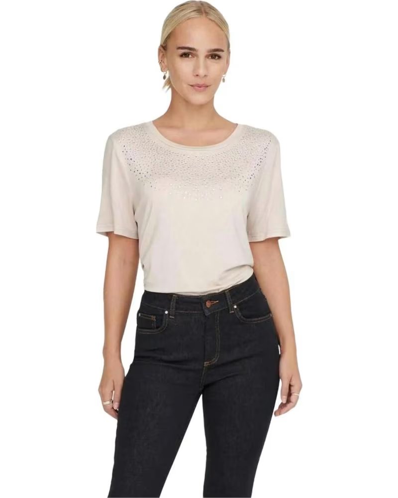 ONLY CAMISETA DE MANGA CORTA ONLY PARA MUJER CON PEDRERÍA BEIGE