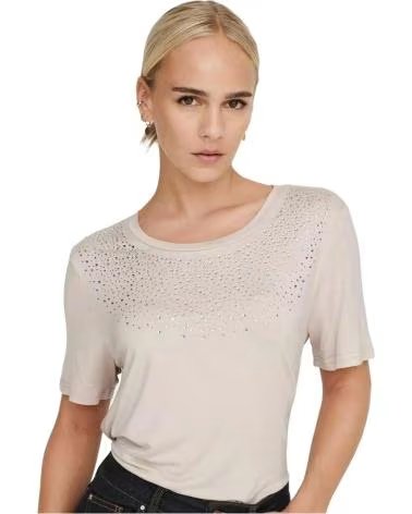 ONLY CAMISETA DE MANGA CORTA ONLY PARA MUJER CON PEDRERÍA BEIGE