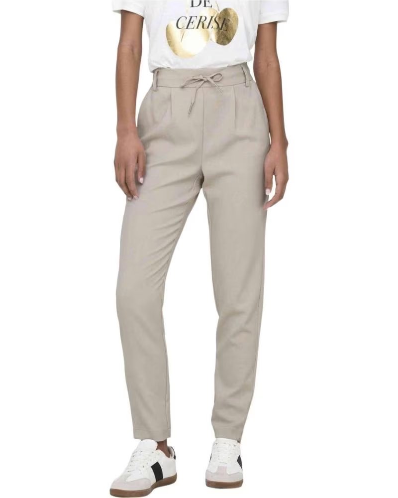ONLY PANTALÓN LARGO BEIGE DE TALLE ALTO CON CORDÓN PARA MUJER BEIGE