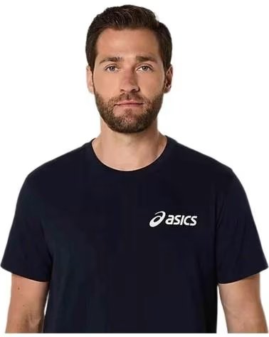 ASICS MAGLIETTA A MANICHE CORTE ASICS DA UOMO, BLU NAVY NEGRO