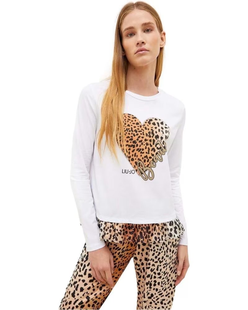 LIU JO WEISSES LANGARMSHIRT MIT LEOPARDENHERZ FÜR DAMEN LIU JO BLANCO