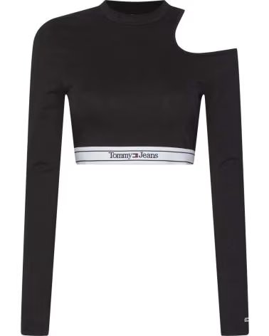TOMMY JEANS TOMMY JEANS TOP CROPPED MANGA LONGA COM LOGO FEMININO NEGRO