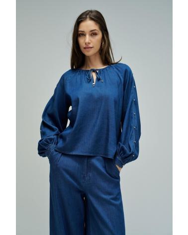 SALSA BLUSA MANGA LARGA CON CUELLO ANUDADO AZUL