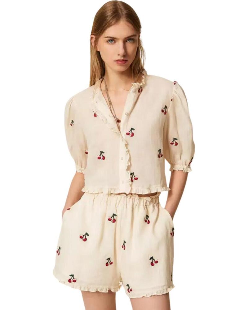 TWINSET CAMISA CON BORDADO DE CEREZAS Y MANGAS ABULLONADAS CRUDO