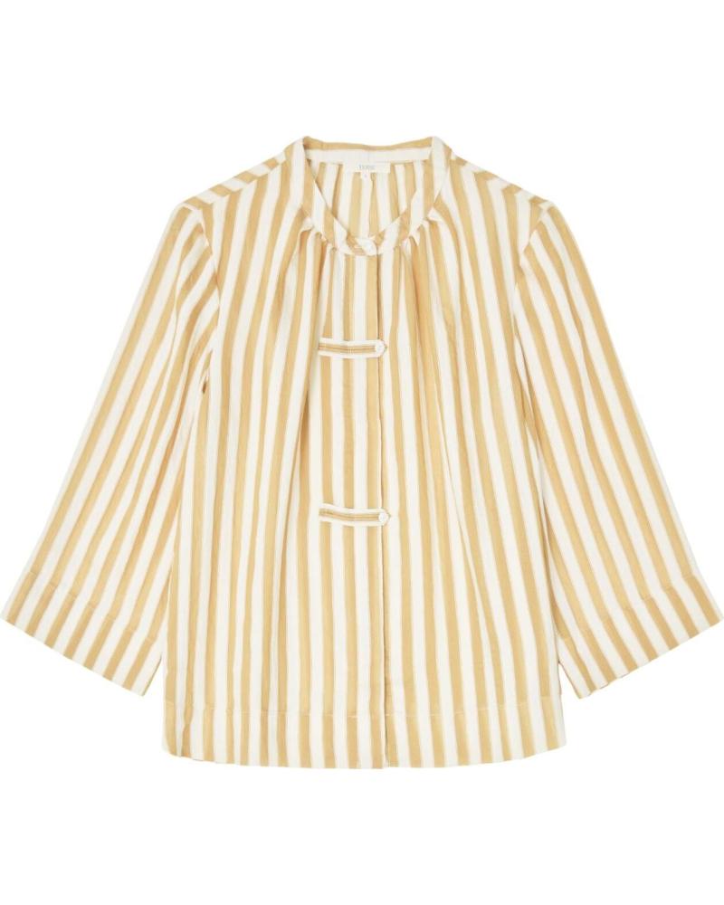 YERSE BLUSA YERSE ESTAMPADO RAYAS VERTICALES CUELLO CAJA MARRON