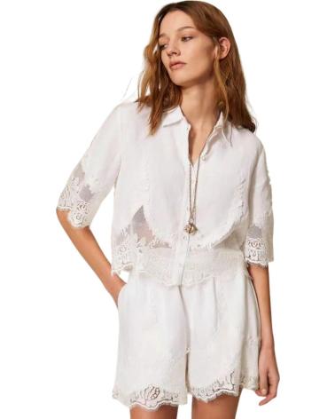 TWINSET CAMISA DE MANGA CORTA CON DETALLES DE ENCAJE BLANCO