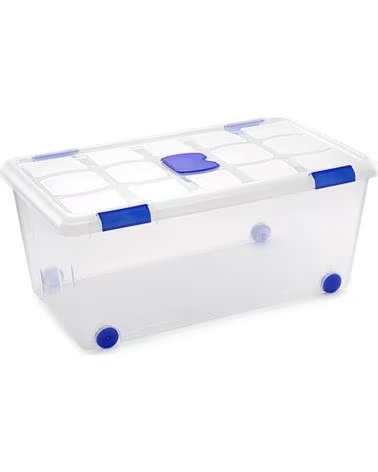 PLASTICFORTE CAIXA ORGANIZADORA TRANSPARENTE COM FECHOS AZUIS E RODAS MULTICOLOR