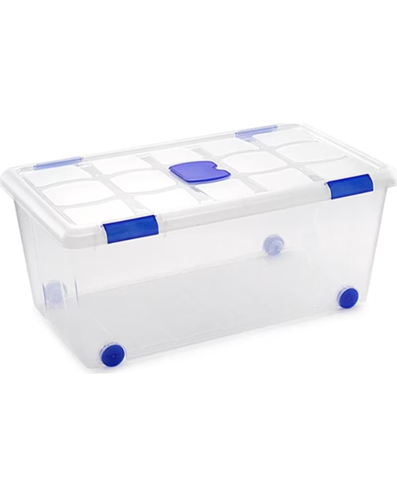 PLASTICFORTE CAIXA ORGANIZADORA TRANSPARENTE COM FECHOS AZUIS E RODAS MULTICOLOR