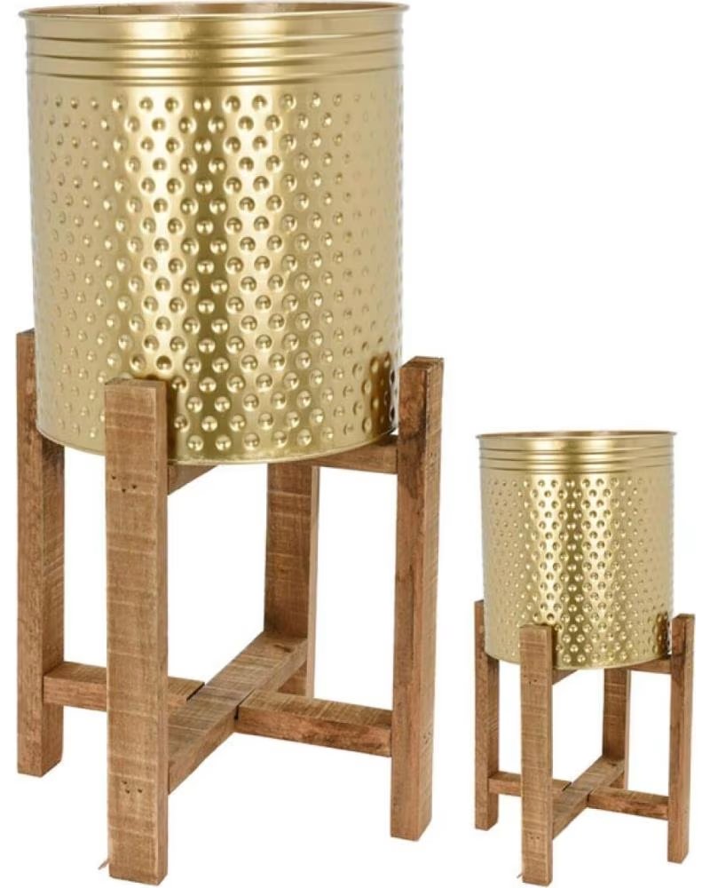 PROGARDEN SET AUS 2 GOLDENEN METALL-PFLANZGEFÄSSEN MIT HOLZSTÄNDER MULTICOLOR