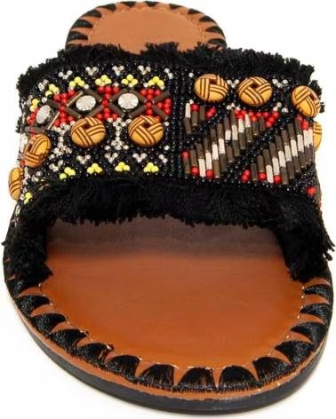 MONTEVITA SANDALE PLATE ARTISANALE AVEC PERLES ET FRANGES BLACK