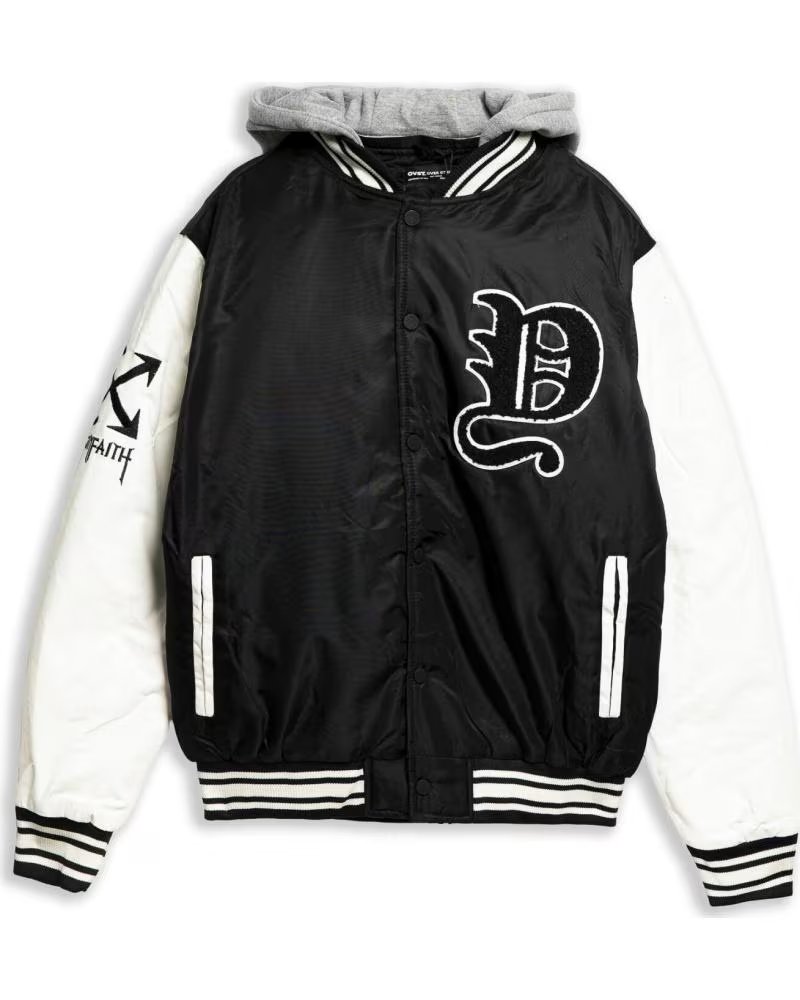 OVER STREET CAZADORA NEGRA DETROIT HOODED VARSITY JACKET NEGRO