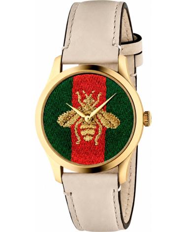 GUCCI RELOJ G-TIMELESS CON ESFERA DE ABEJA Y CORREA DE PIEL BEIGE