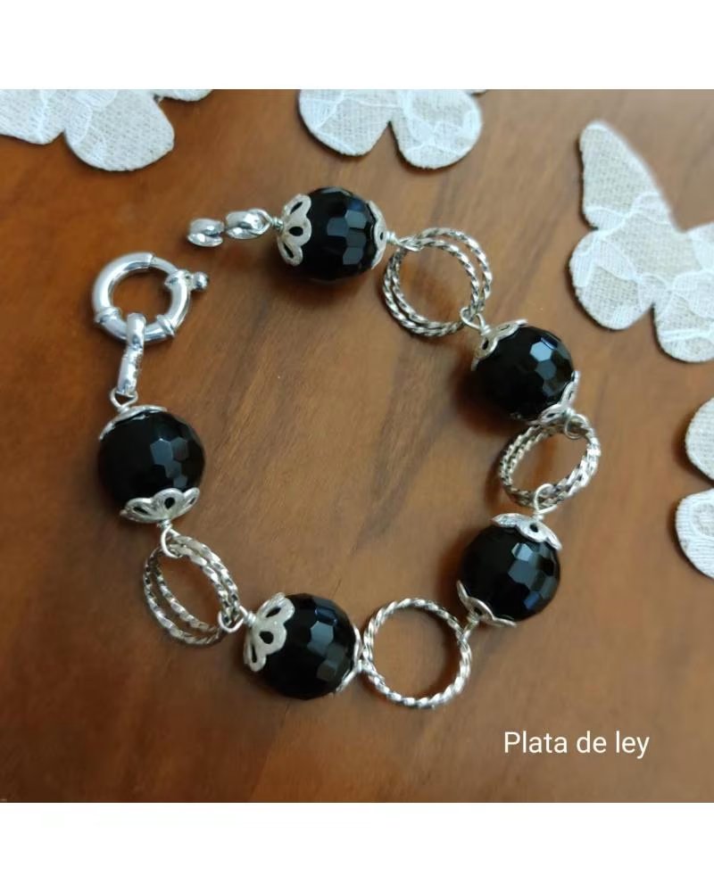 MINOPLATA PULSERA DE PLATA CON BOLAS DE ÓNIX FACETADO