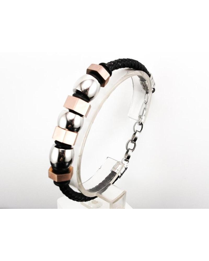 MINOPLATA PULSERA DE PIEL CON ABALORIOS EN BRONCE Y ACERO