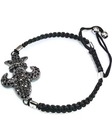 MINOPLATA PULSERA FLOR DE LIS EN PLATA Y CORDÓN NEGRO TAUPE