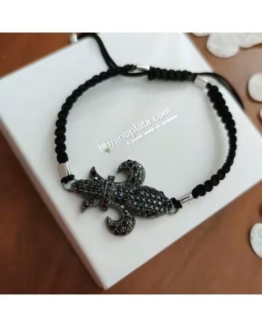 MINOPLATA PULSERA FLOR DE LIS EN PLATA Y CORDÓN NEGRO TAUPE