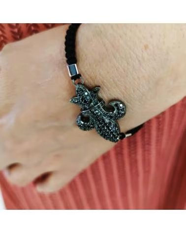 MINOPLATA PULSERA FLOR DE LIS EN PLATA Y CORDÓN NEGRO TAUPE