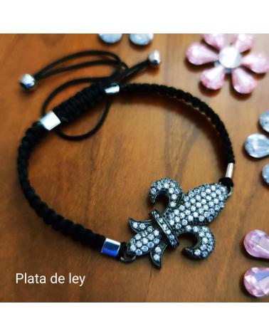 MINOPLATA PULSERA FLOR DE LYS EN PLATA Y ALGODÓN CON CIRCONITAS