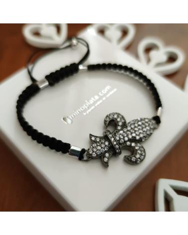 MINOPLATA PULSERA FLOR DE LYS EN PLATA Y ALGODÓN CON CIRCONITAS