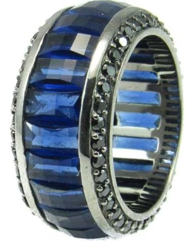 MINOPLATA SORTIJA DE PLATA Y RUTENIO CON CRISTAL AZUL Y CIRCONITAS NEGRAS