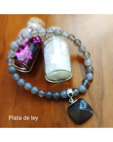 MINOPLATA PULSERA DE BOLAS 6 MM CON COLGANTE DE ÁGATA GRIS Y PLATA DE LEY RODIADA