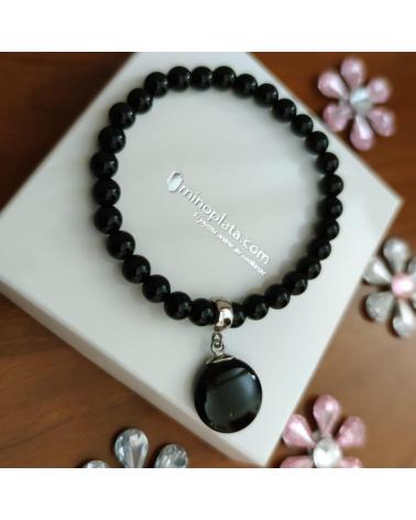 MINOPLATA PULSERA ELÁSTICA DE BOLAS DE ÓNIX 6 MM Y PLATA DE LEY