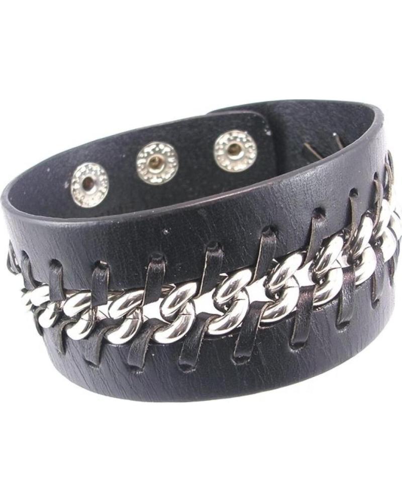MINOPLATA PULSERA DE PIEL NEGRA CON CADENA DE ACERO ENTRELAZADA