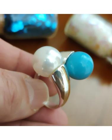 MINOPLATA SORTIJA DE PLATA CON DOBLE PERLA BLANCA Y TURQUESA 12 MM