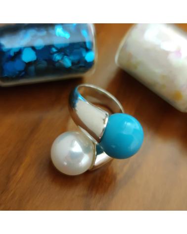 MINOPLATA SORTIJA DE PLATA CON DOBLE PERLA BLANCA Y TURQUESA 12 MM