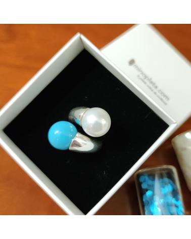 MINOPLATA SORTIJA DE PLATA CON DOBLE PERLA BLANCA Y TURQUESA 12 MM