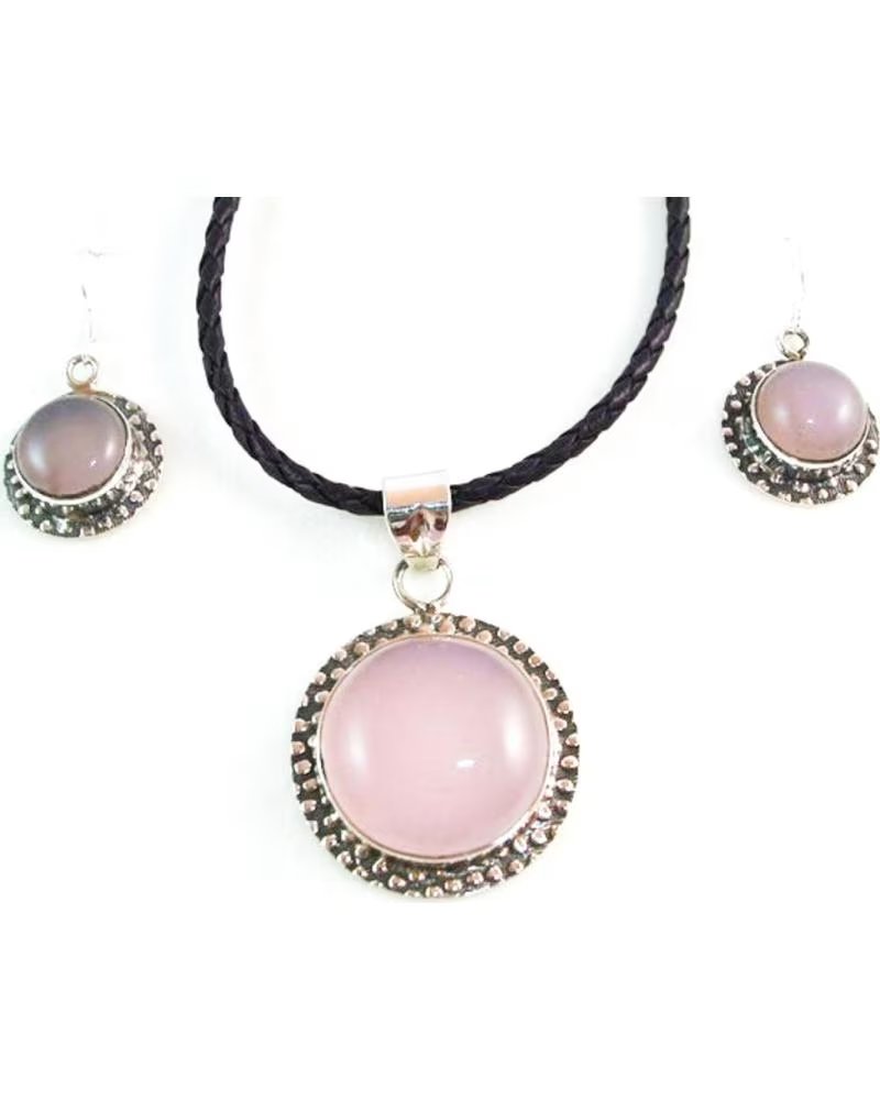 MINOPLATA CONJUNTO DE PENDIENTES Y GARGANTILLA EN PLATA DE LEY CON CUARZO ROSA