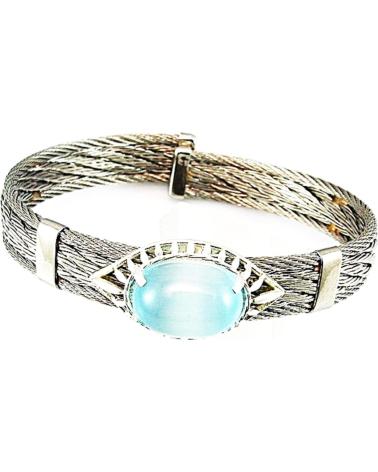 MINOPLATA BRAZALETE DE ACERO CON FIGURA OVAL DE PLATA Y PIEDRA OJO DE GATO