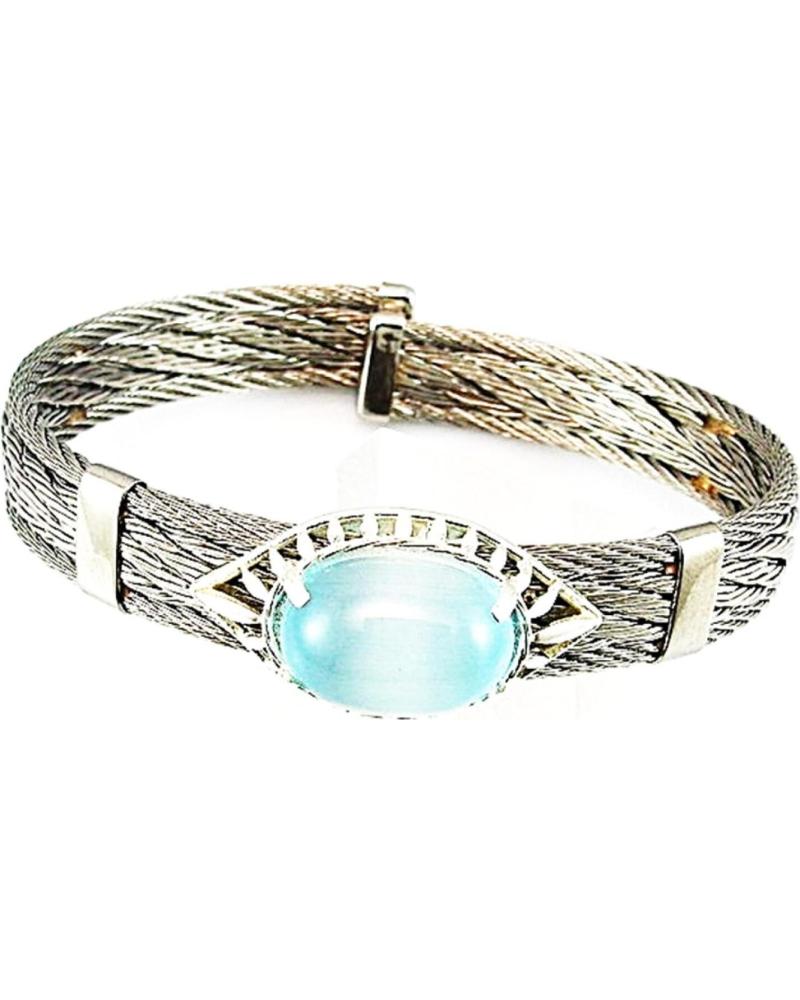 MINOPLATA BRAZALETE DE ACERO CON FIGURA OVAL DE PLATA Y PIEDRA OJO DE GATO