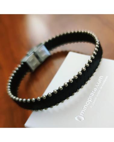 MINOPLATA PULSERA DE PIEL CON BOLITAS DE ACERO INOXIDABLE