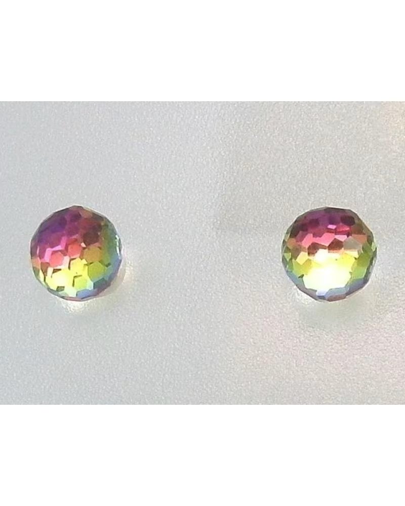 MINOPLATA BOUCLES D´OREILLES BOULE 6MM EN ARGENT AVEC CRISTAL IRISÉ VERT ET FUCHSIA