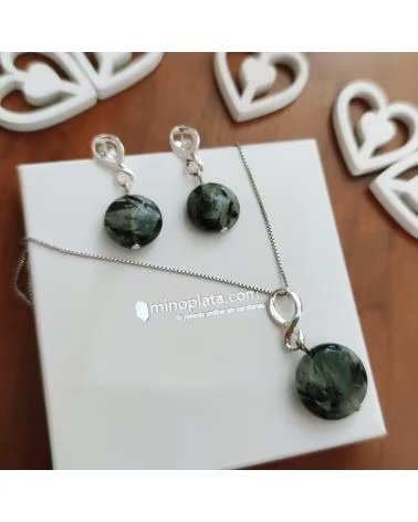 MINOPLATA CONJUNTO DE GARGANTILLA Y PENDIENTES CON PIEDRAS GRISES Y PLATA
