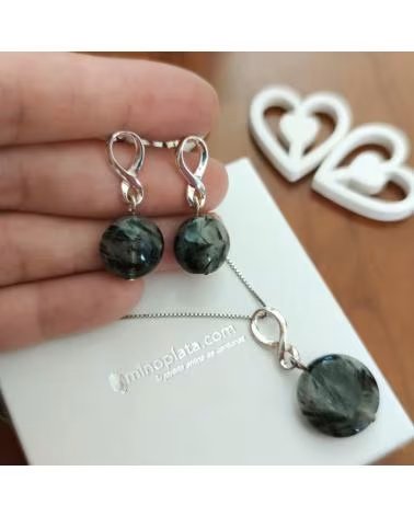 MINOPLATA CONJUNTO DE GARGANTILLA Y PENDIENTES CON PIEDRAS GRISES Y PLATA