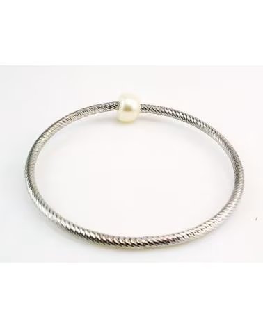 MINOPLATA PULSERA ELÁSTICA DE PLATA DE LEY RODIADA CON PERLA