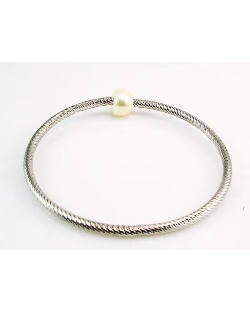 MINOPLATA PULSERA ELÁSTICA DE PLATA DE LEY RODIADA CON PERLA