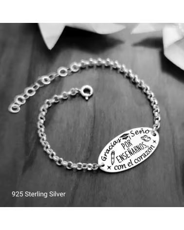MINOPLATA PULSERA DE PLATA CON MENSAJE PARA PROFESORAS GRACIAS SEÑO