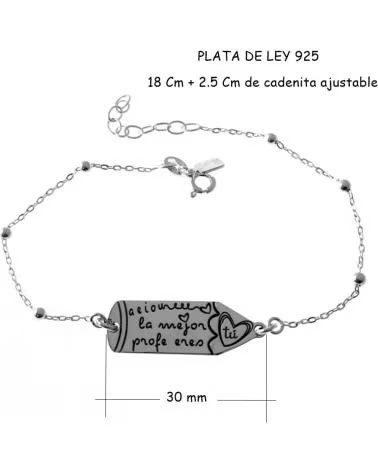 MINOPLATA PULSERA LAPIZ DE PLATA DE LEY PARA LA MEJOR PROFE