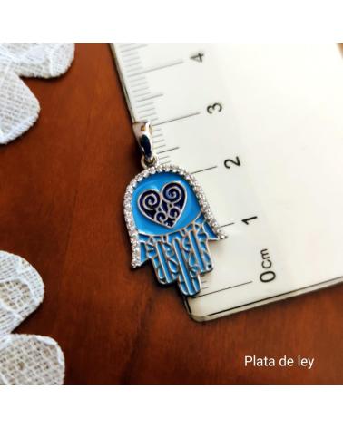 MINOPLATA COLGANTE AZUL CLARO DE LA MANO DE FATIMA DE PLATA Y CIRCONIT