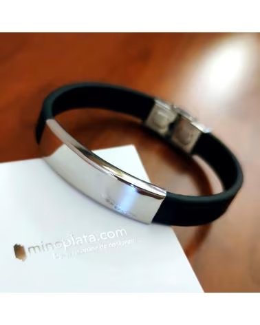 MINOPLATA PULSERA DE PIEL NEGRA PESPUNTEADA Y ACERO INOXIDABLE