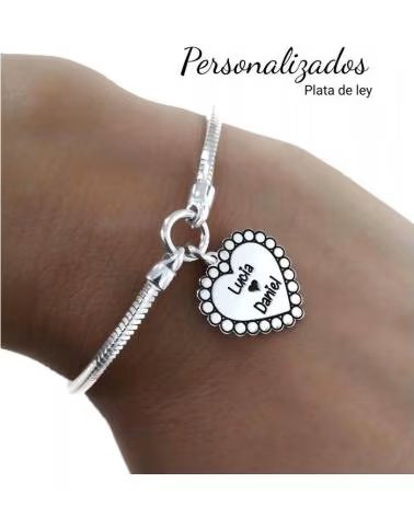 MINOPLATA PULSERA CORAZON DE PLATA DE LEY PERSONALIZADO CON NOMBRES