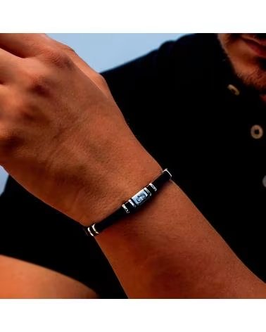 MINOPLATA PULSERA CICLISTA DE ACERO Y CAUCHO NEGRO